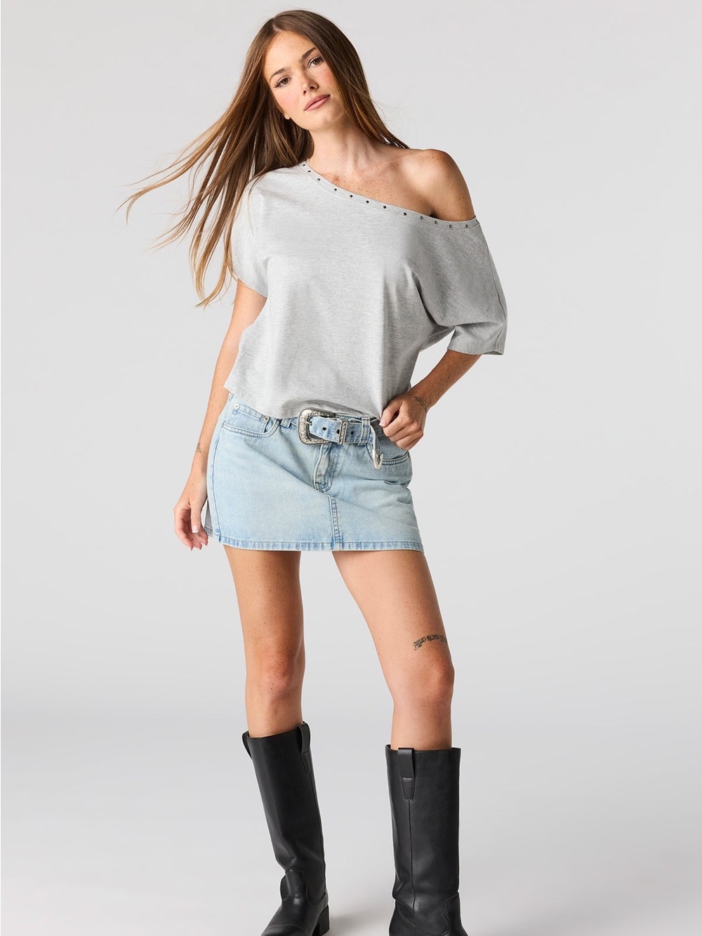 Blue Denim Mini Skirt with Silver Western Buckle